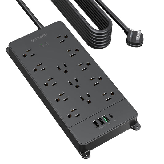 TROND Surge Protector Power Strip, 4000 Joules, ETL Listed, 13 Widely-Spaced Outlets Expansion with USB C Ports, Low-Profile Flat Plug, Wall Mountable, 5ft Extension Cord, 14AWG Heavy Duty, Black
