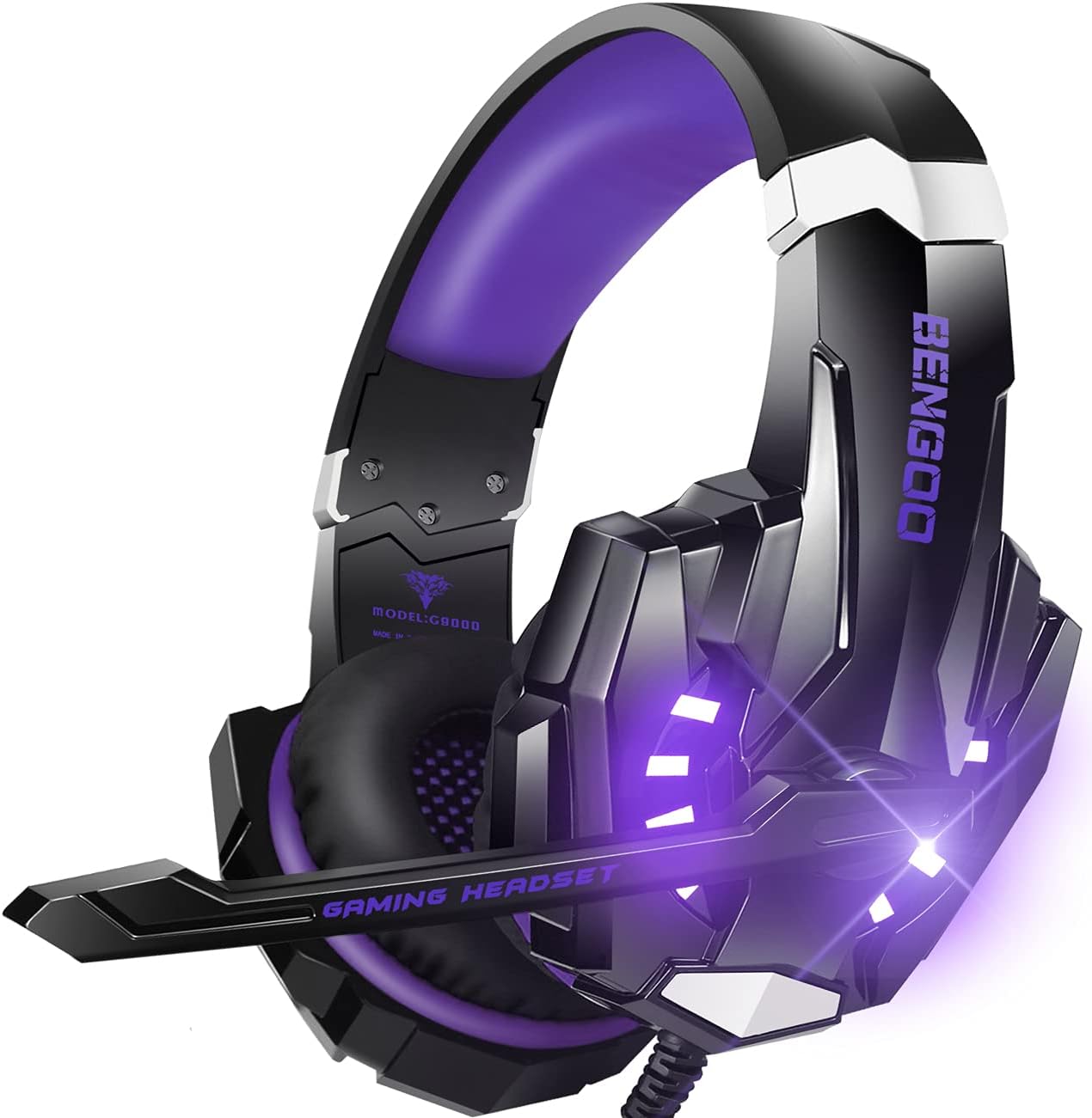 BENGOO G9000 Stereo Gaming Headset for PS4 PC Xbox One PS5 Controller, Noise Cancelling Over Ear Headphones with Mic, LED Light, 7.1 Surround Sound, Soft Memory Earmuffs for Nintendo Xbox Series X|S