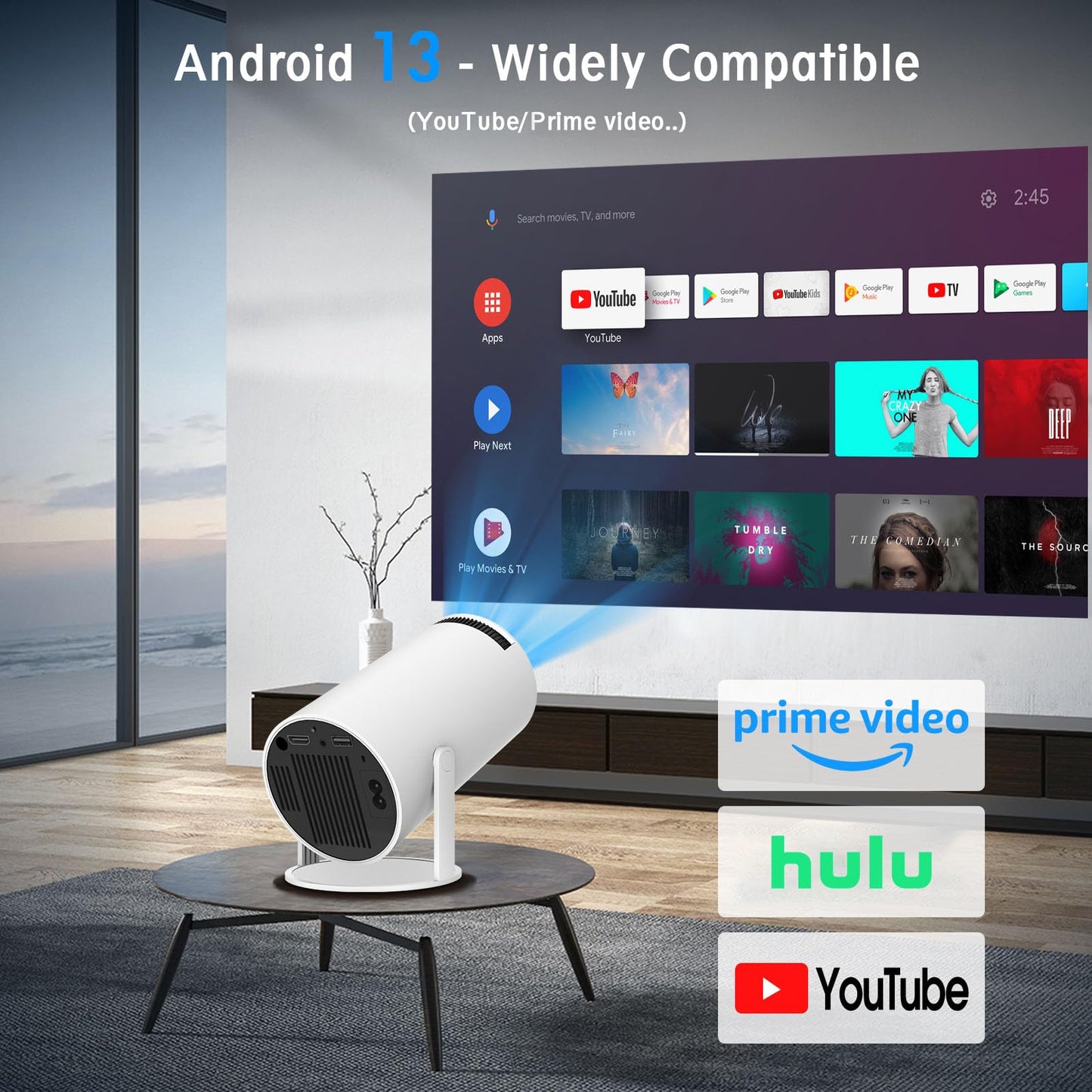 Mini Projector, Support 4K 1080P Portable Projector with Dual Band WIFI6 5G Wireless 5.2 Bluetooth Android 11, 200 ANSI Lumens, 180° Rotatable, Auto Keystone Correction,35"-130" Screen Video Projector