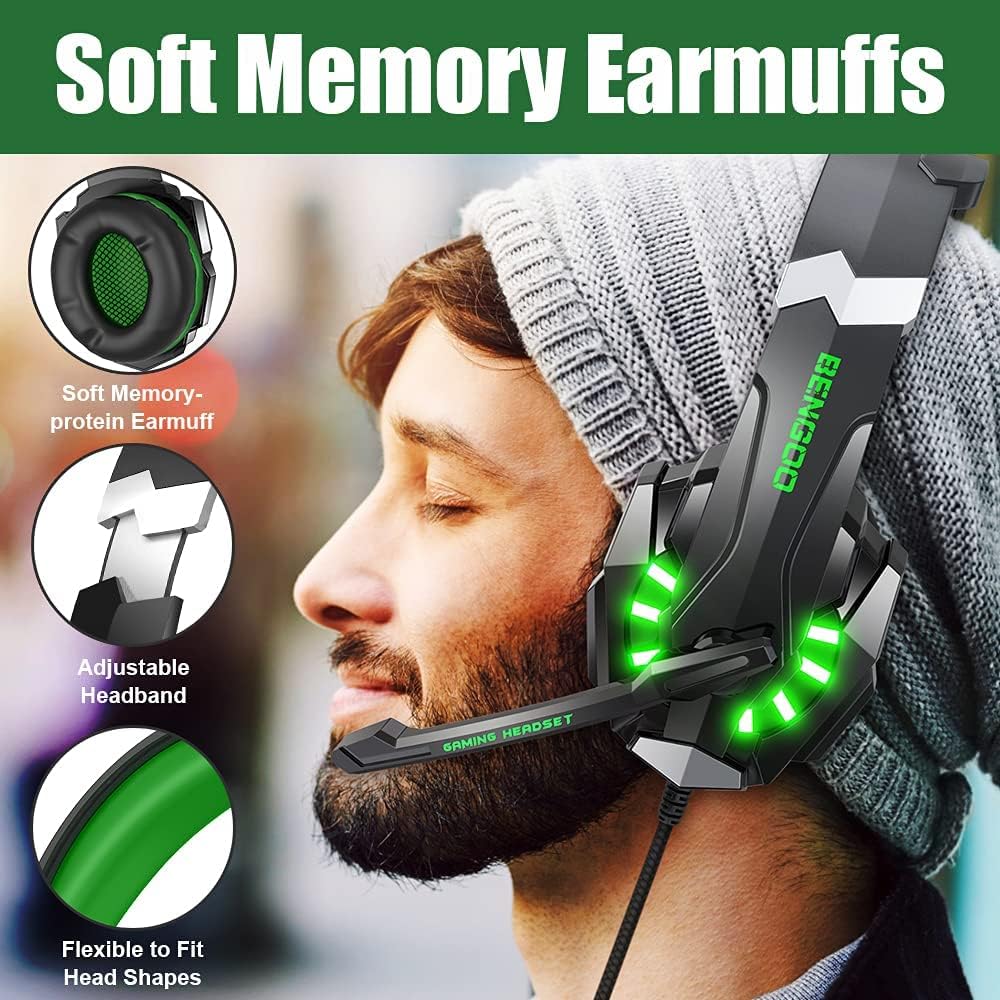 BENGOO G9000 Stereo Gaming Headset for PS4 PC Xbox One PS5 Controller, Noise Cancelling Over Ear Headphones with Mic, LED Light, 7.1 Surround Sound, Soft Memory Earmuffs for Nintendo Xbox Series X|S