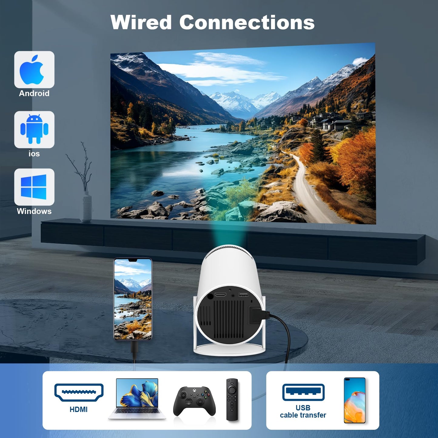 Mini Projector, Support 4K 1080P Portable Projector with Dual Band WIFI6 5G Wireless 5.2 Bluetooth Android 11, 200 ANSI Lumens, 180° Rotatable, Auto Keystone Correction,35"-130" Screen Video Projector